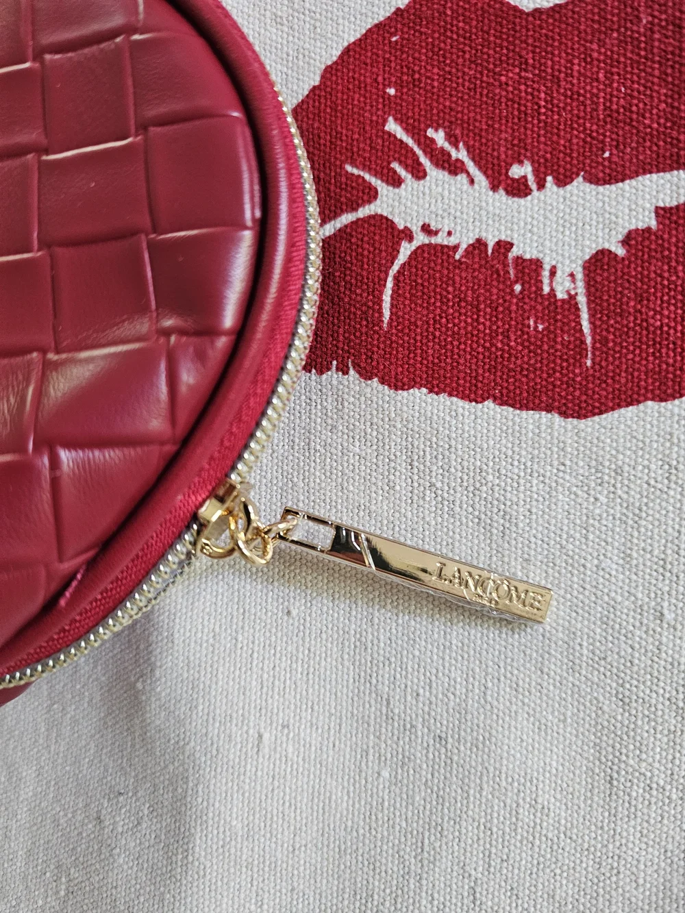 NEW! Lancome Makeup, Lancome Faux Woven Cosmetic Bag and Lipstick Kiss Tote